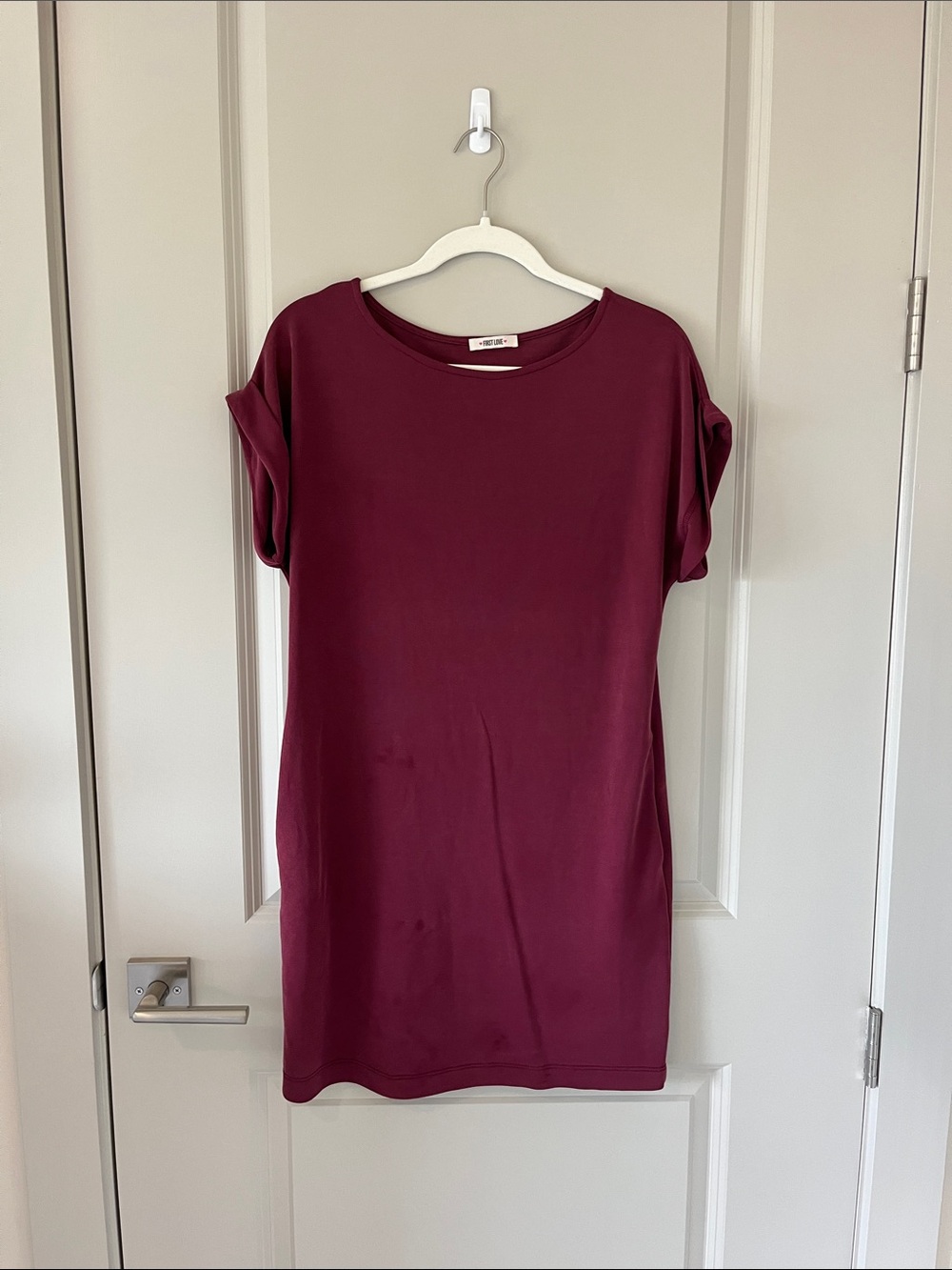 First Love Short Sleeve Shift Dress in Burgundy